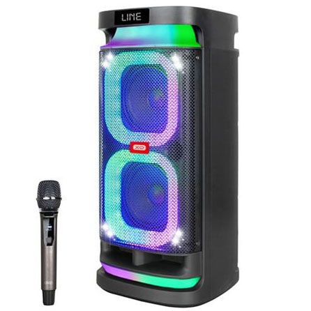 Coluna de som preta com luzes LED coloridas e microfone preto