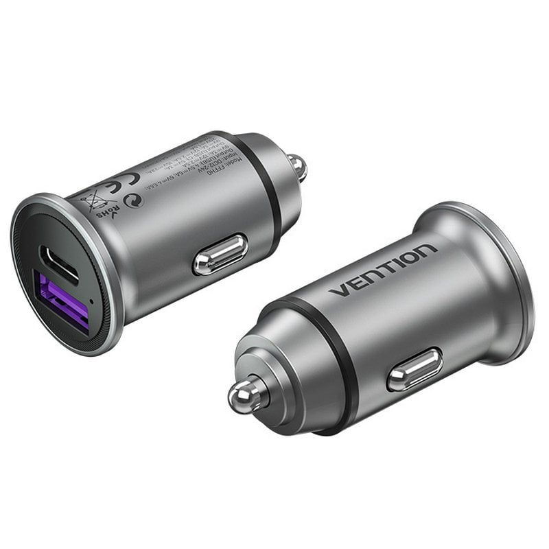 Carregador de carro VENTION metálico cinzento com portas USB