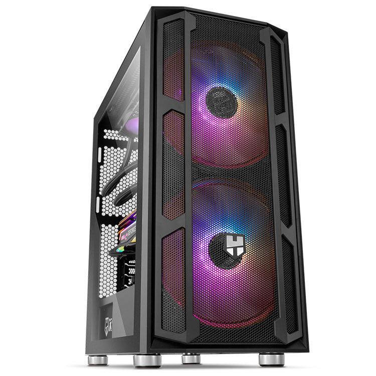 Computador desktop preto com ventoinhas LED RGB e painel lateral de vidro