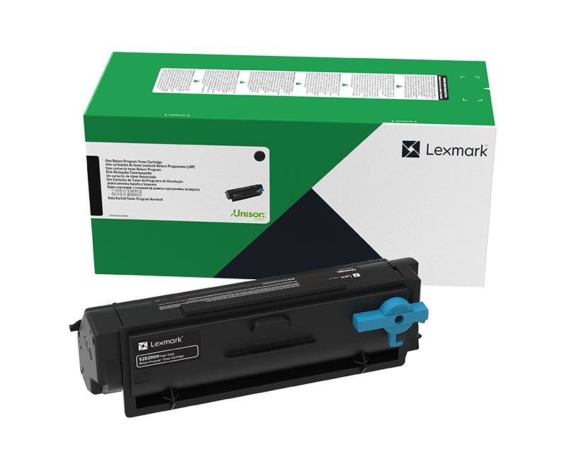 Cartucho de toner Lexmark preto com embalagem verde, branca e preta