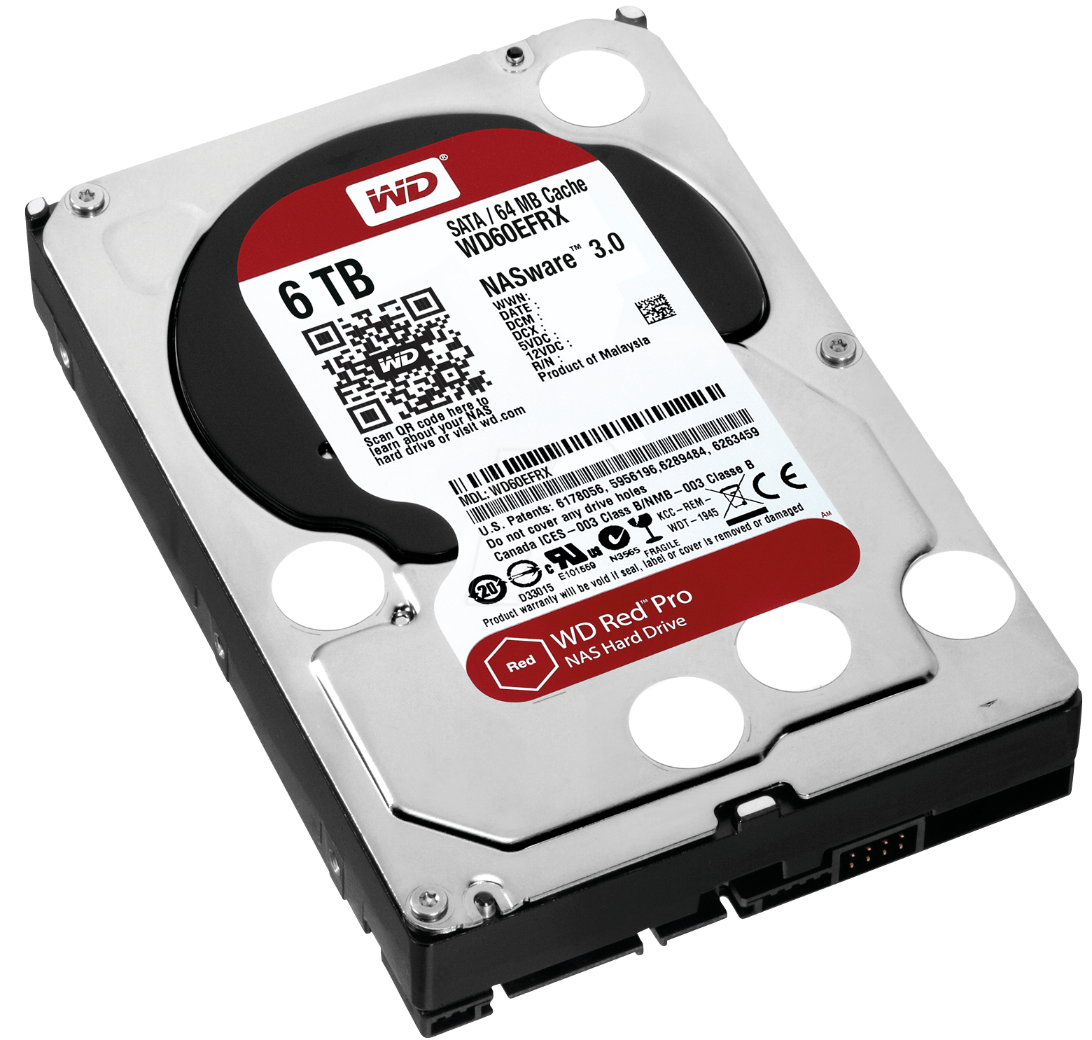 Disco rígido WD Red Pro NAS de 6 TB com etiqueta vermelha e branca e carcaça metálica