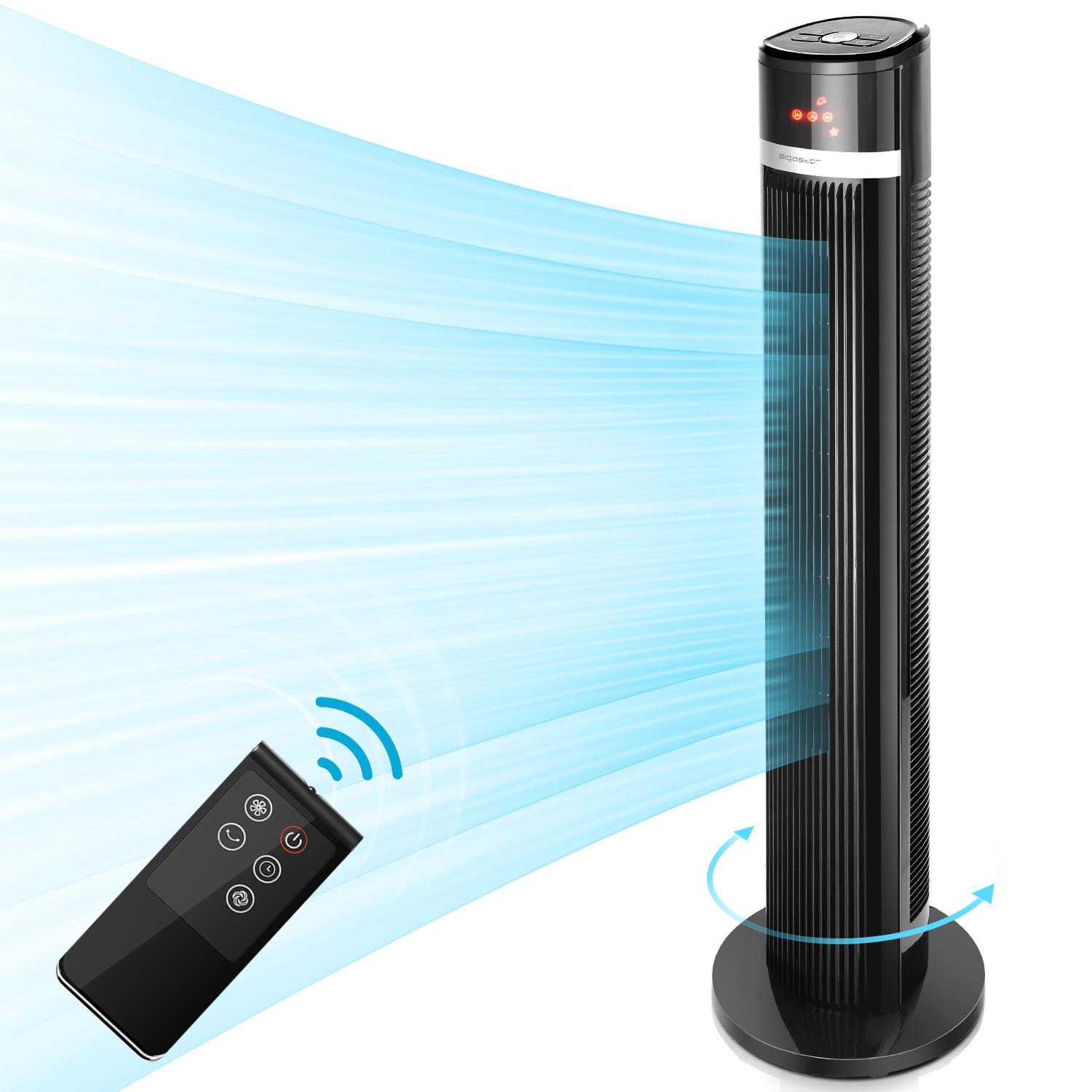 Ventoinha torre preta com controlo remoto e indicação de fluxo de ar azul