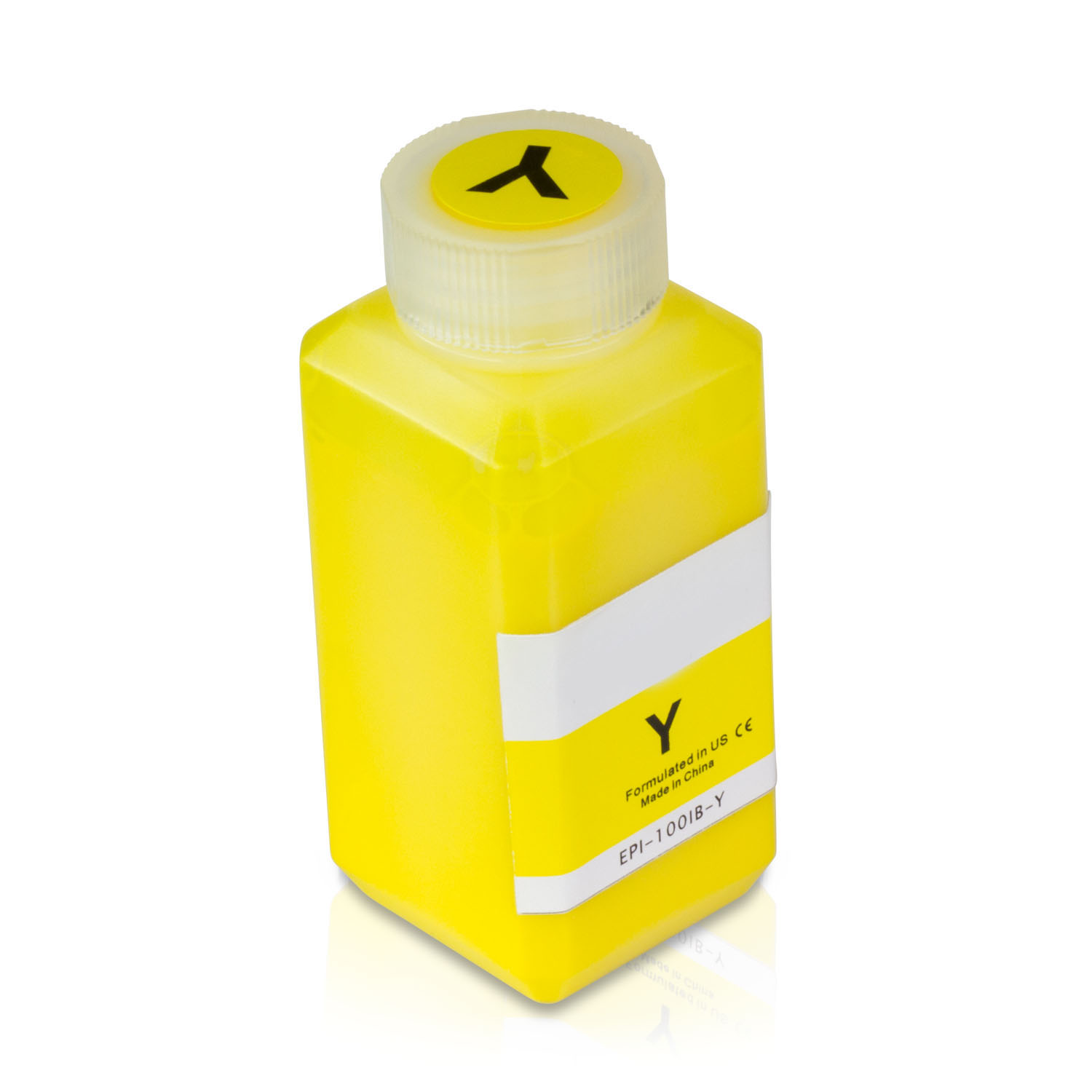 Frasco amarelo quadrado de plástico com etiqueta amarela e tampa branca translúcida