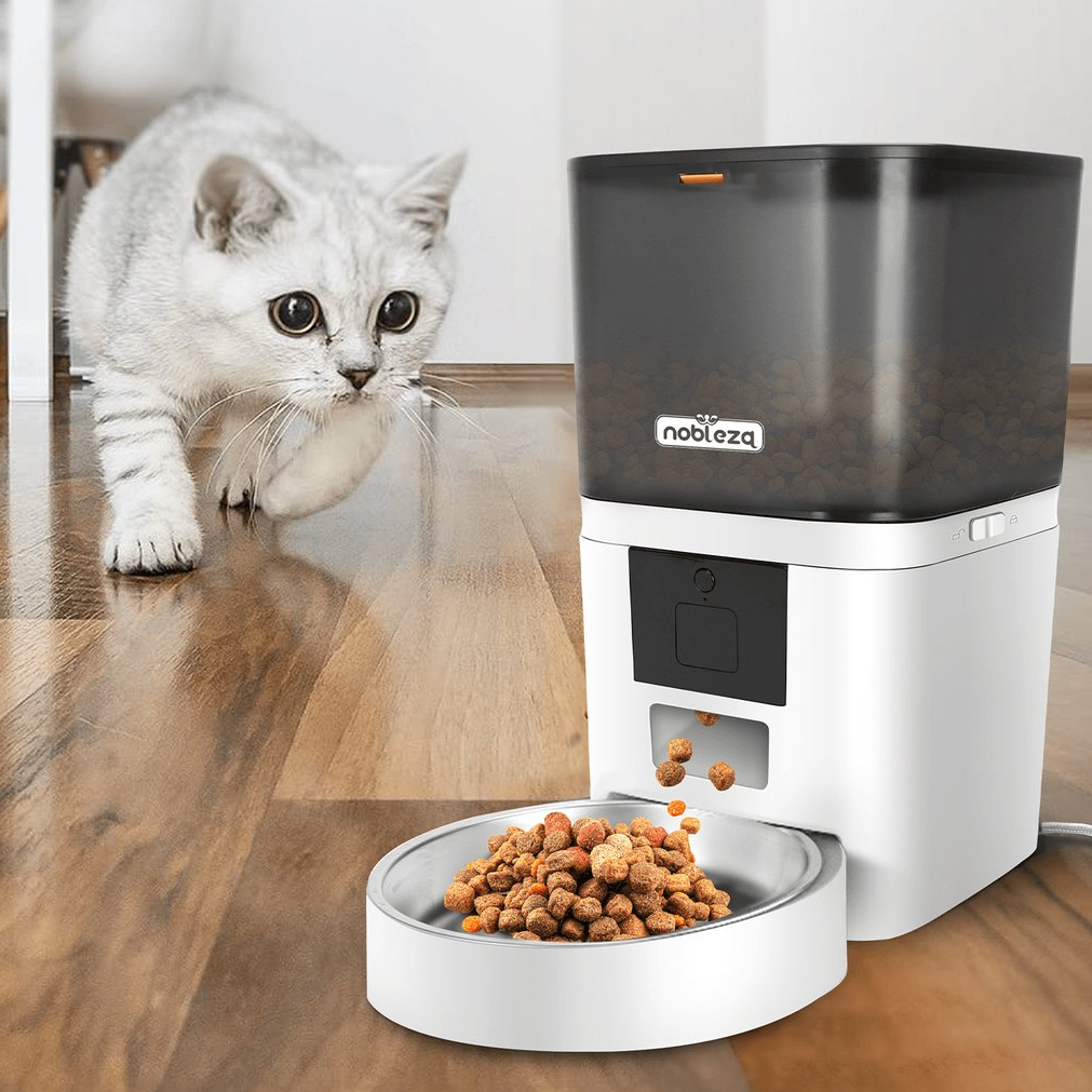 Dispenser automático de comida para gatos com croquetes a cair num prato metálico e gato cinzento no chão