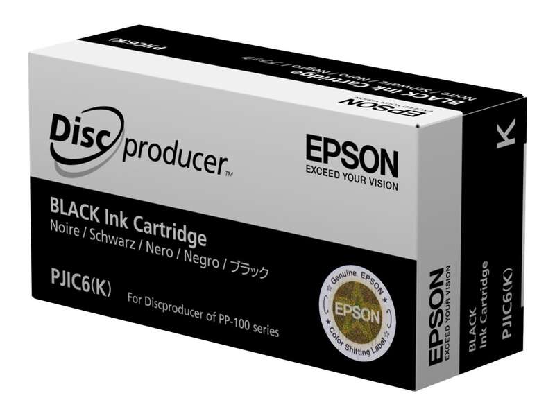 Caixa preta e branca de cartucho de tinta preta Epson Discproducer com selo de autenticidade