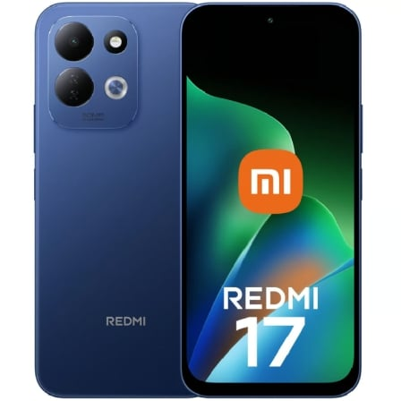 Smartphone Redmi 17 azul com câmara dupla e ecrã frontal com texto e logo