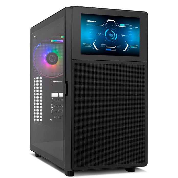 Computador desktop preto com ventilador RGB e ecrã digital frontal