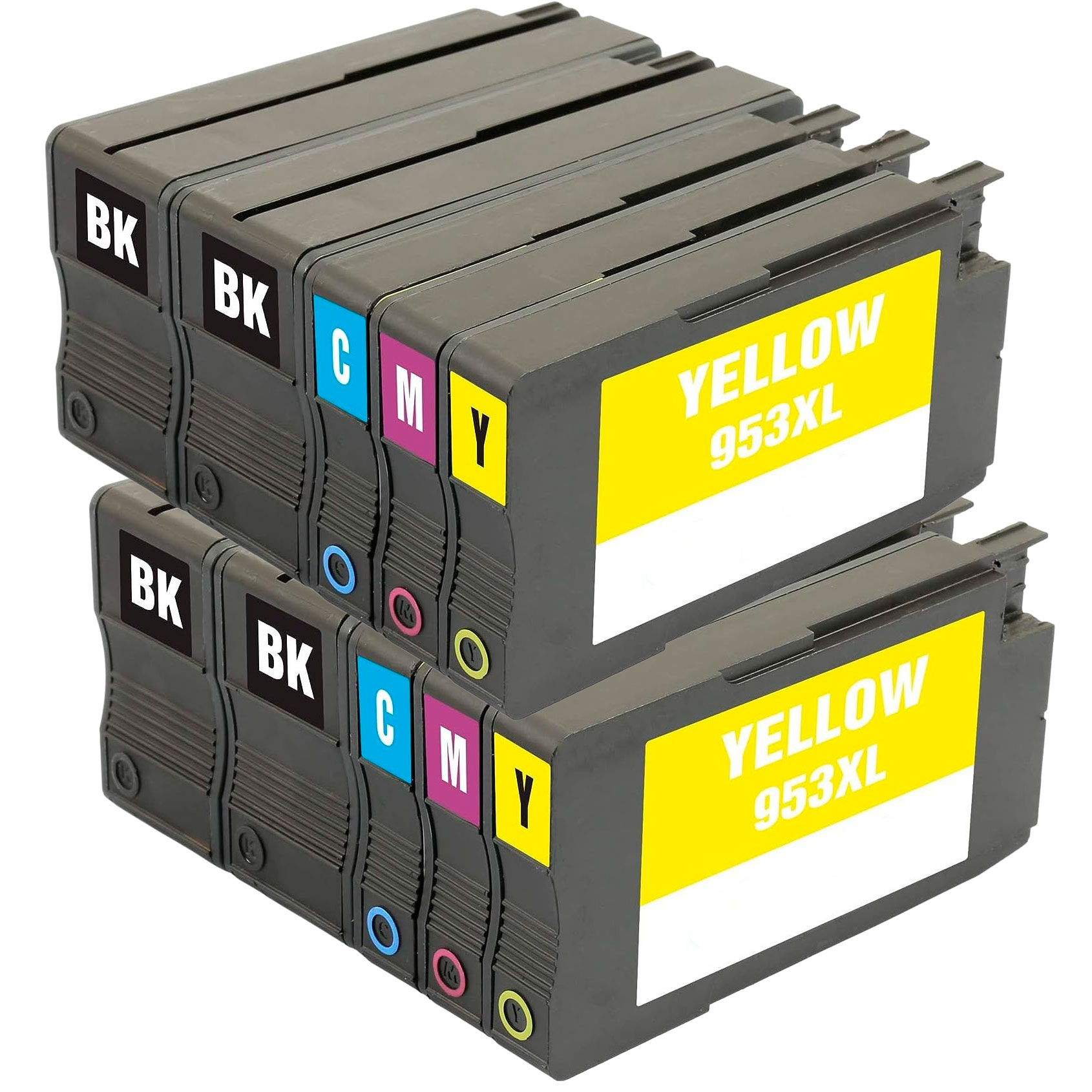 Conjunto de cartuchos de tinta para impressora com etiquetas coloridas e texto YELLOW 953XL.