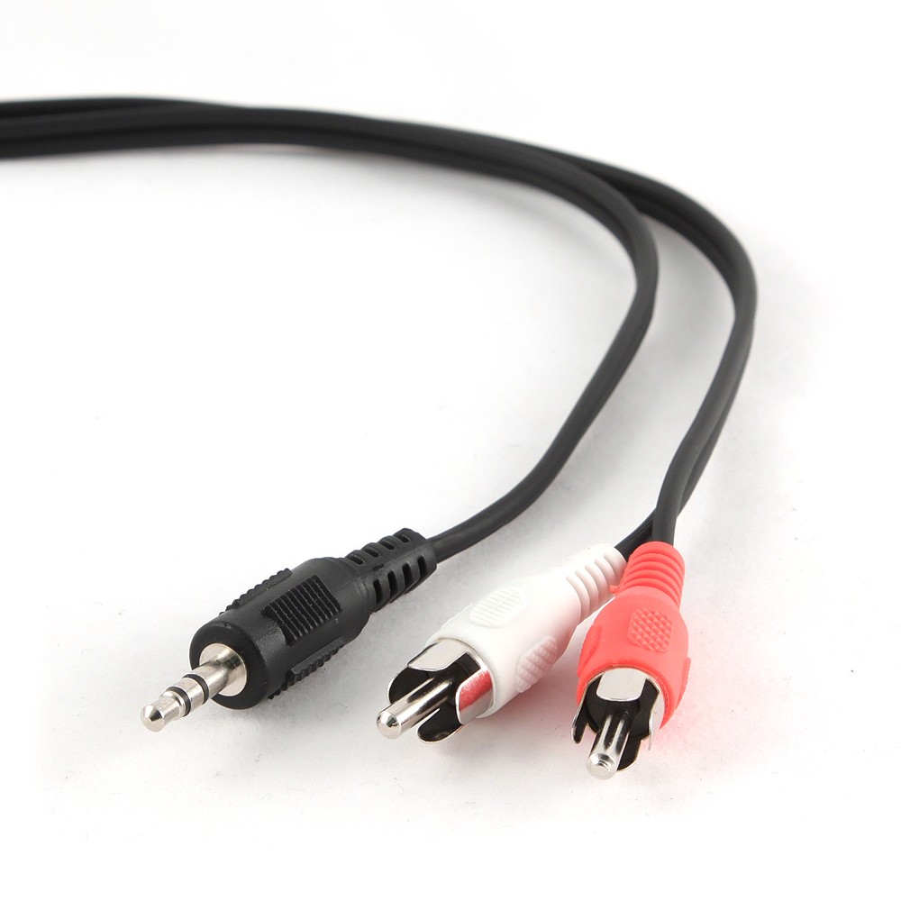 Cabo áudio com conector jack 3,5 mm e conectores RCA branco e vermelho