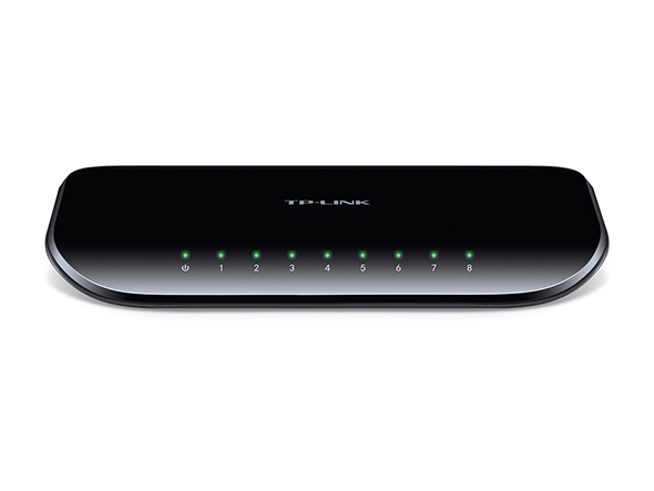 Comutador de rede TP-LINK preto com 8 portas e LEDs verdes.