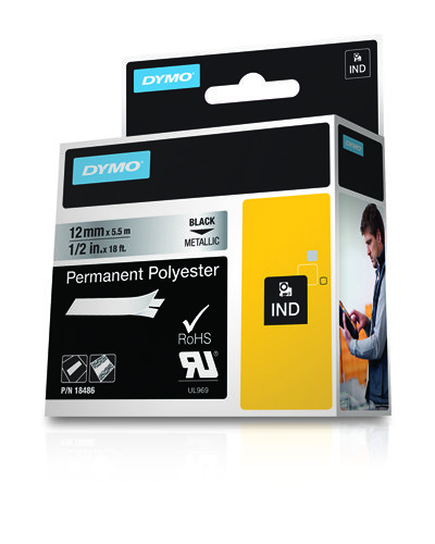 Embalagem fita DYMO poliéster preta metálica 12 mm x 5,5 m