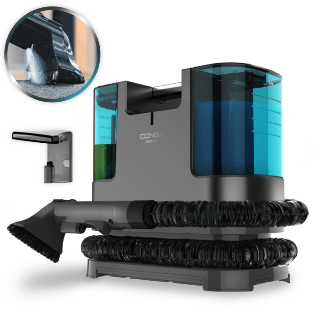 Aspirador de pó portátil OONGA POPSTAL com reservatórios azuis e verdes, escova e mangueira preta