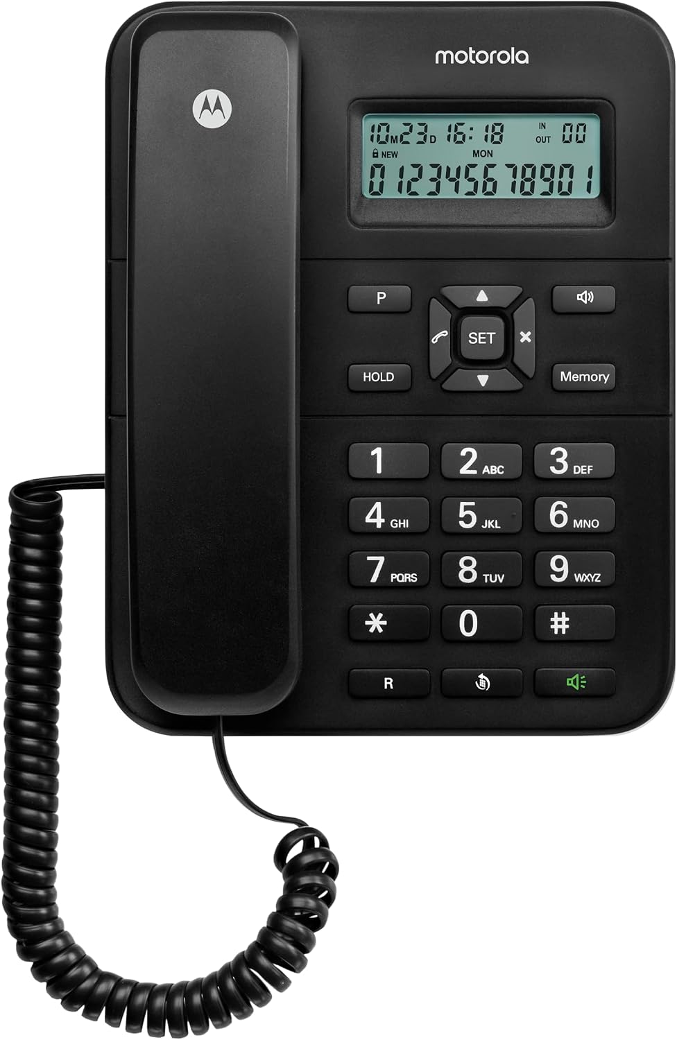 Telefone fixo preto Motorola com ecrã digital e teclado numérico