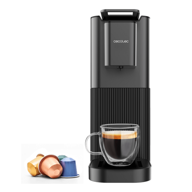 Máquina de café expresso preta Cecotec com copo de vidro e cápsulas coloridas