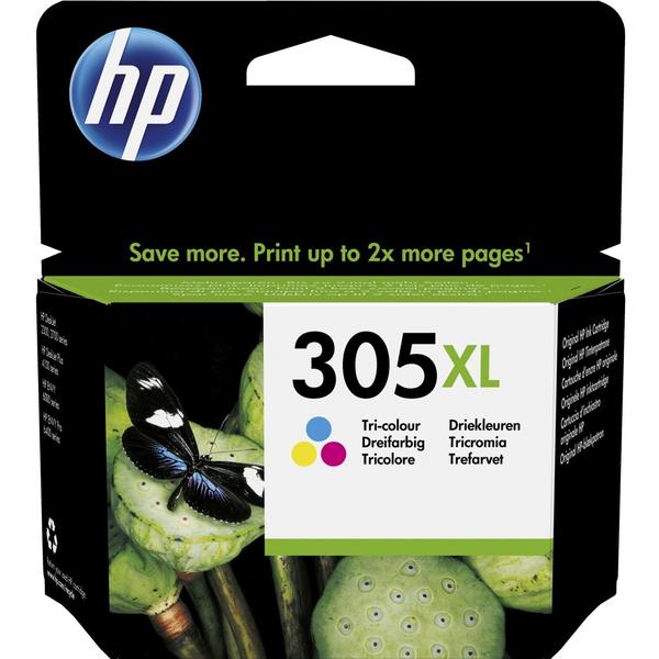 Embalagem preta e verde de tinteiro HP 305XL tri-cor com borboleta e plantas