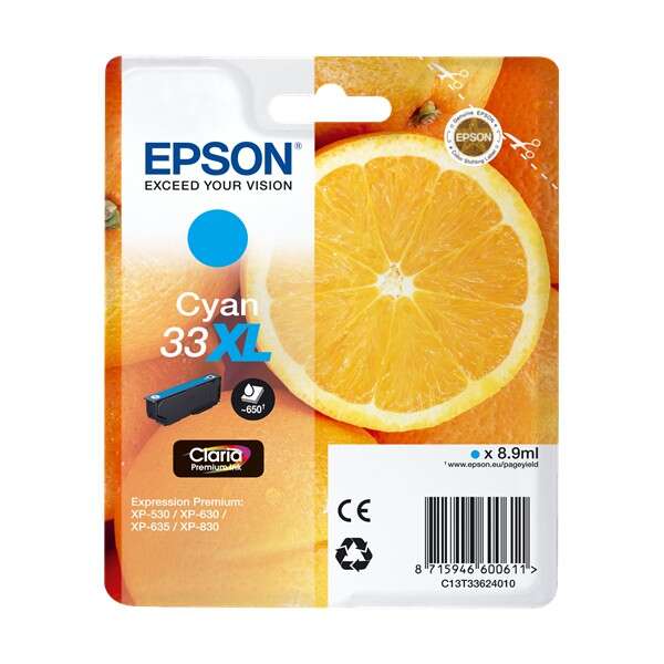 Embalagem de tinta Epson Cyan 33 XL azul com imagem de orange e texto do produto