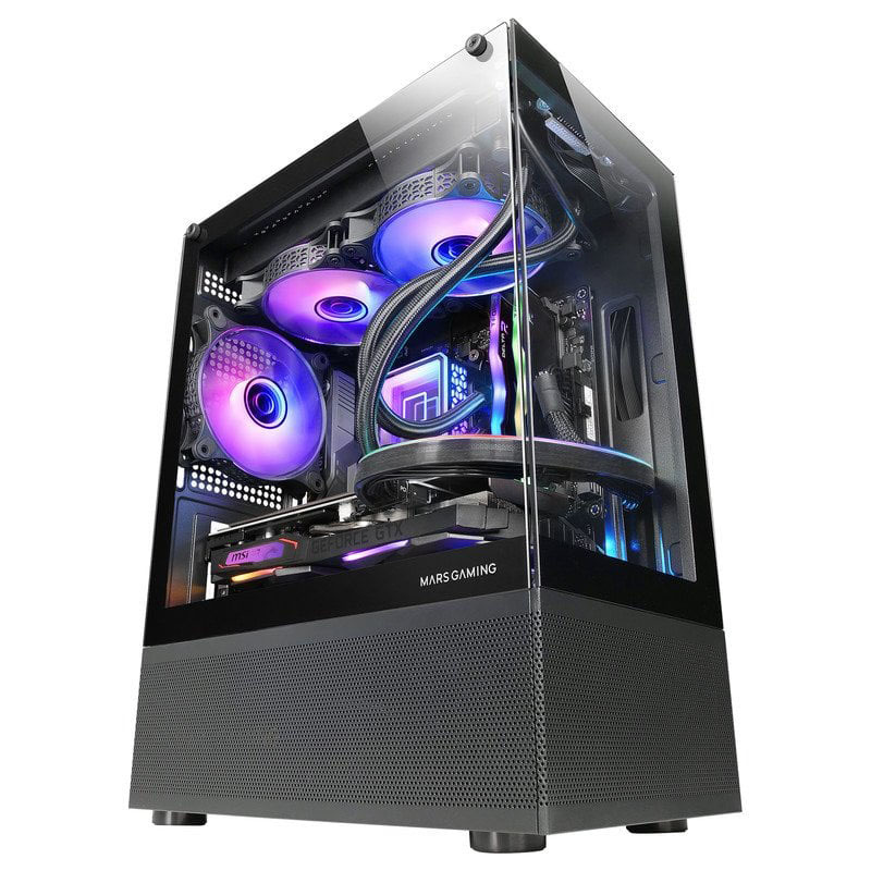 Computador desktop Mars Gaming com ventoinhas roxas e caixa transparente
