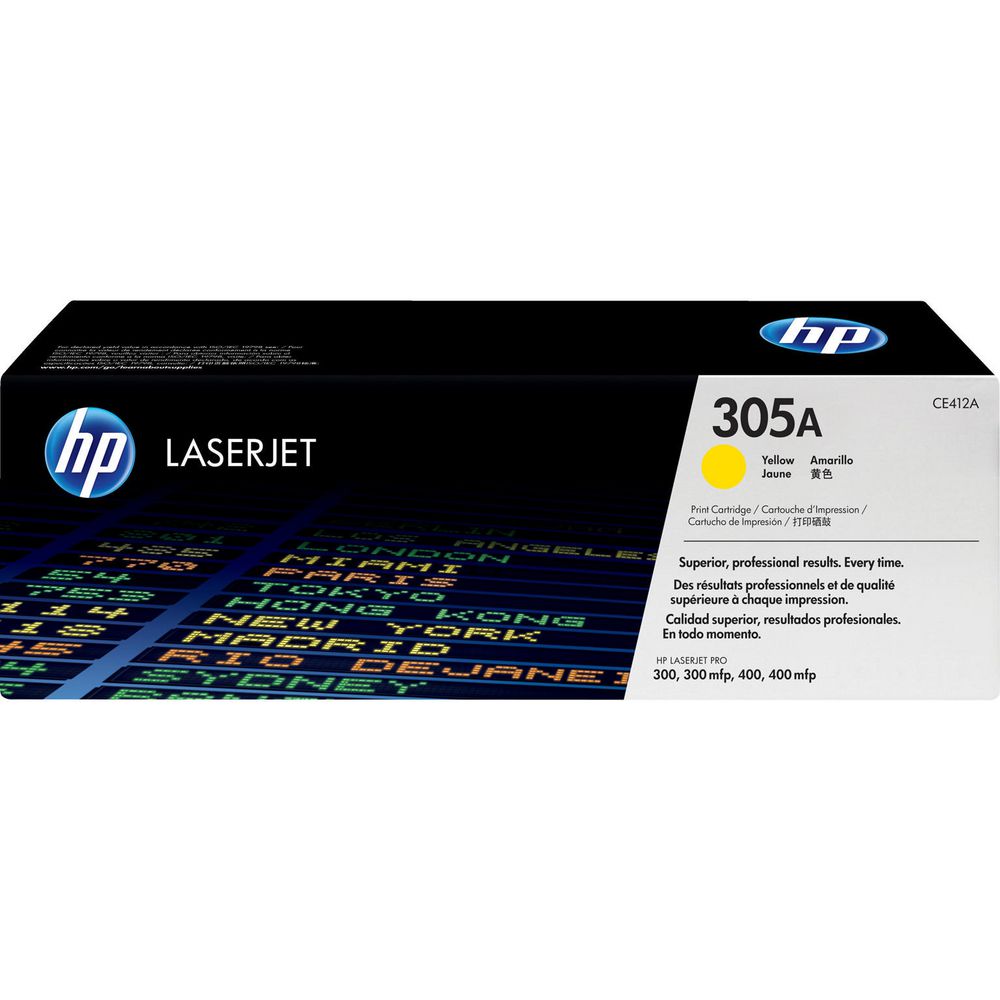 Caixa de cartucho HP LaserJet 305A amarela com logotipo HP.