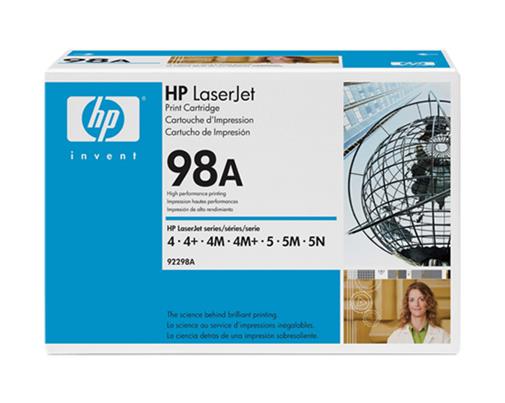 Caixa de toner HP LaserJet 98A azul e branco com globo e foto de mulher