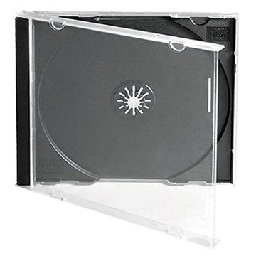 Estojo de plástico para CD/DVD preto e transparente aberto.