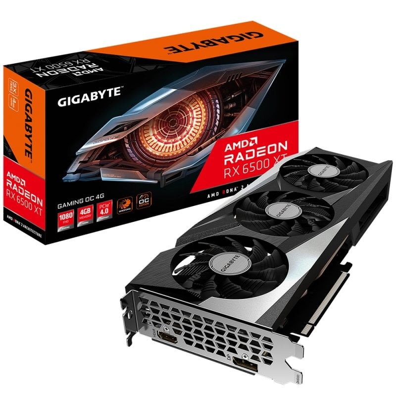 Placa gráfica Gigabyte AMD Radeon RX 6500 XT com caixa de embalagem preta e laranja.