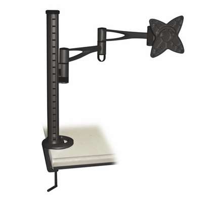 Suporte de monitor metálico preto com braço articulado fixado numa mesa.