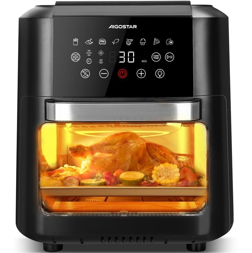 Forno elétrico Aigostar preto com porta de vidro a cozinhar um frango com legumes.