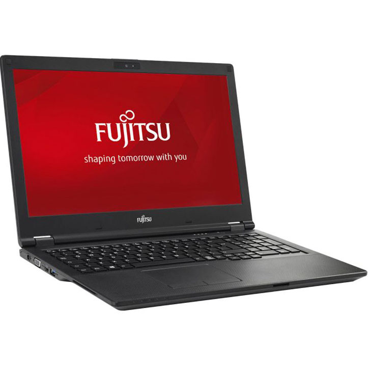 Computador portátil preto Fujitsu aberto com ecrã vermelho e teclado preto