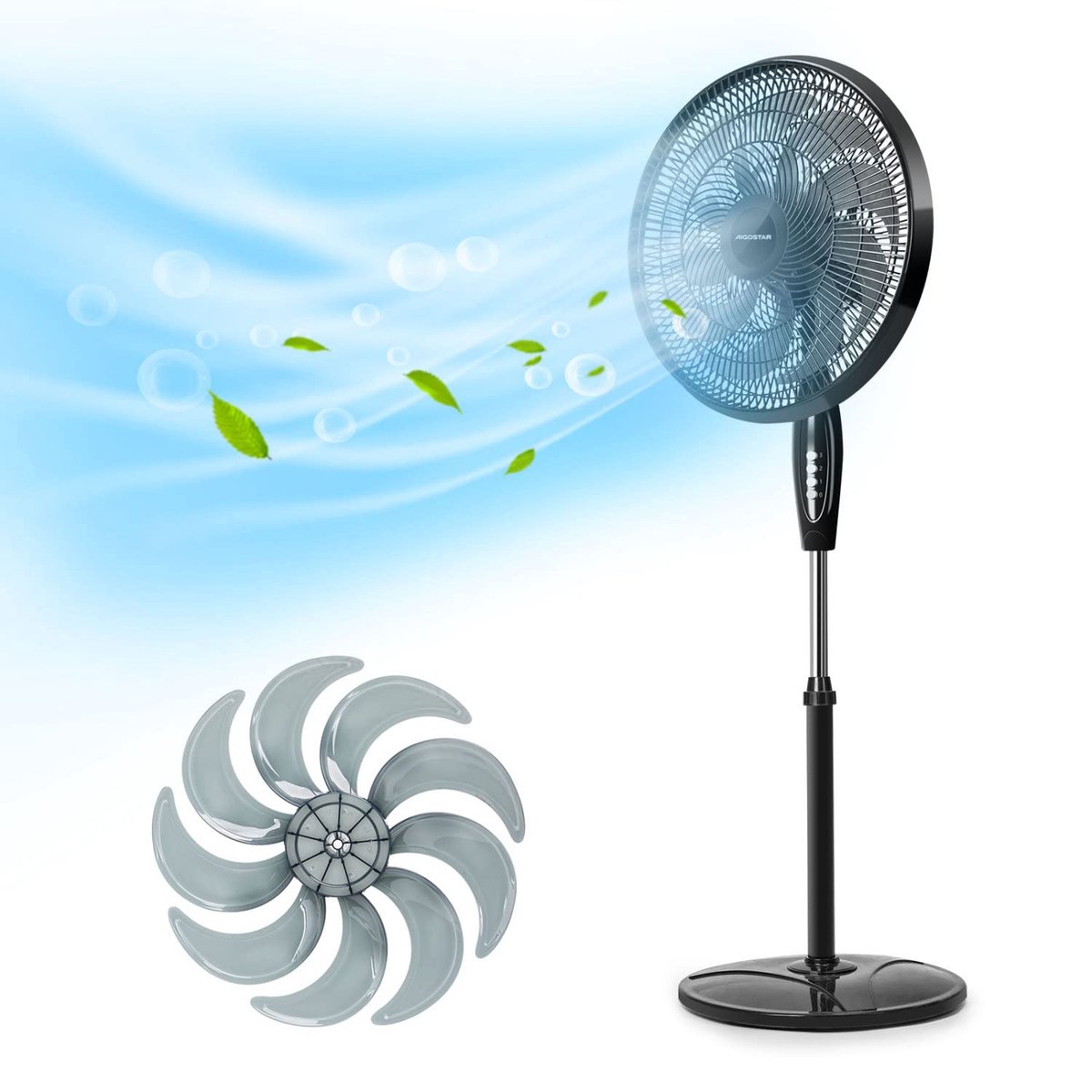 Ventoinha de pé preta com pás transparentes e destaque das pás em fundo azul com folhas e bolhas