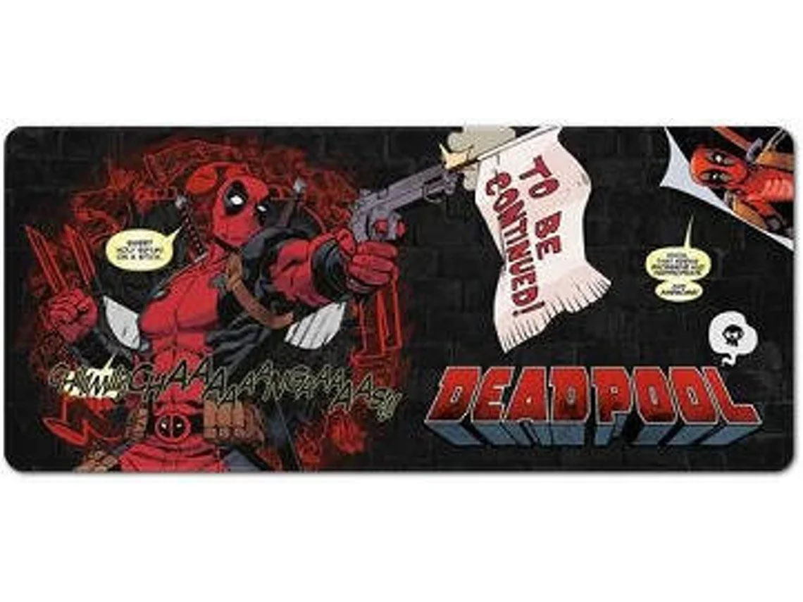 Arte gráfica de Deadpool com armas e texto TO BE CONTINUED!
