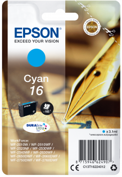 Embalagem de tinteiro Epson Cyan 16 para impressoras, detalhes e compatibilidade listada