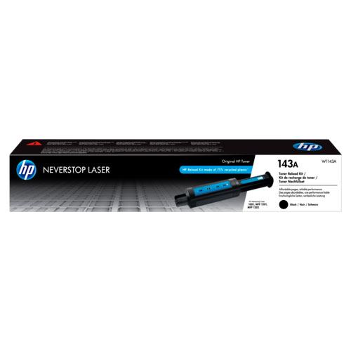 Toner HP Neverstop Laser 143A na caixa preta e branca
