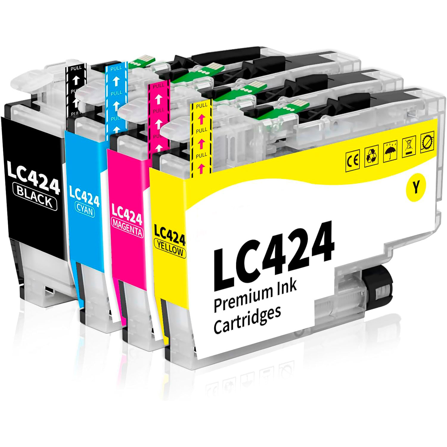 Quatro tinteiros LC424 para impressora em plástico transparente com etiquetas preta, ciano, magenta e amarela.