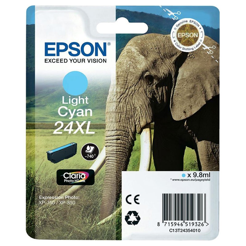 Embalagem de tinta Epson Light Cyan 24XL com imagem de elefante, informações técnicas e selo de autenticidade.