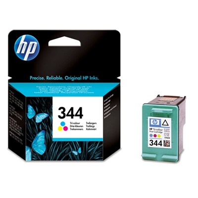 Embalagem preta e azul com tinteiro tri-color HP 344 para impressora