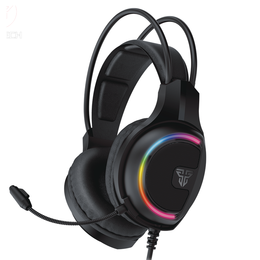 Auscultadores gaming pretos com luzes LED coloridas e microfone