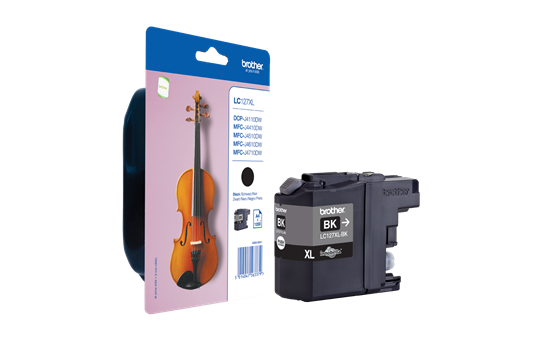 Cartucho de tinta Brother preto XL modelo LC127XL BK com embalagem e ilustração de violino