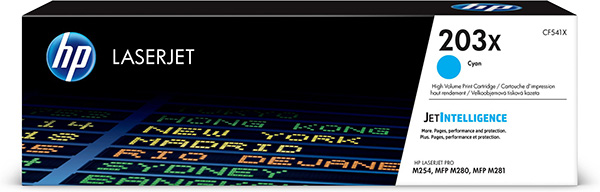 Cartucho HP LaserJet 203x ciano em embalagem preta e branca com texto colorido no fundo