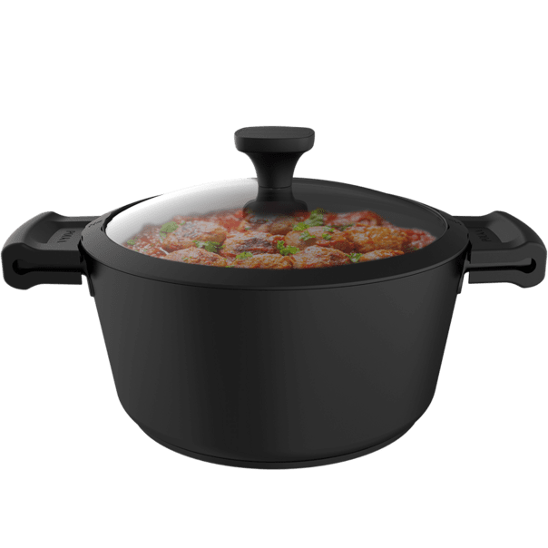 Caçarola preta com tampa de vidro contendo almôndegas em molho de tomate
