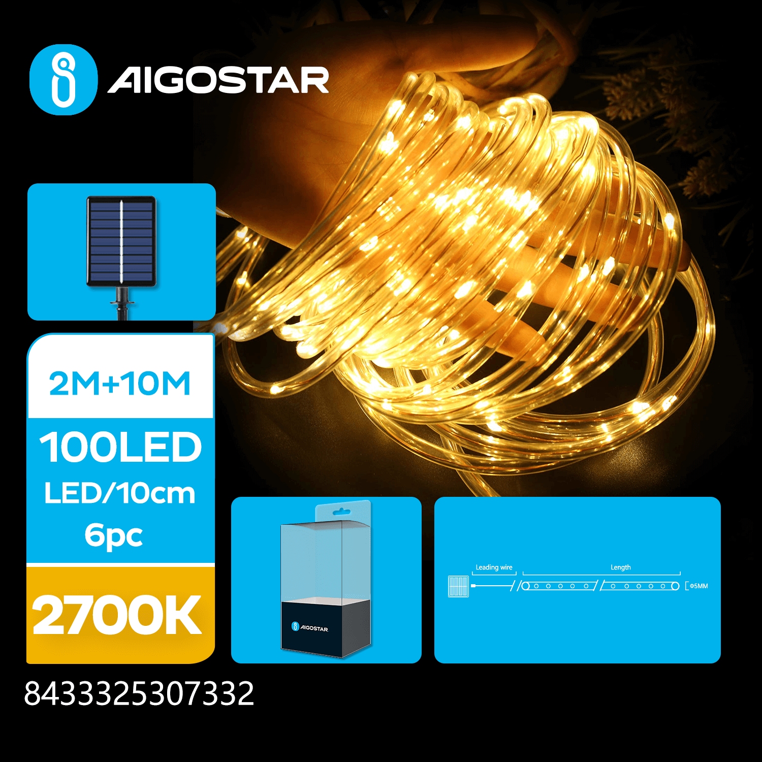 Cordão de luzes LED Aigostar com luz quente 2700K e painel solar