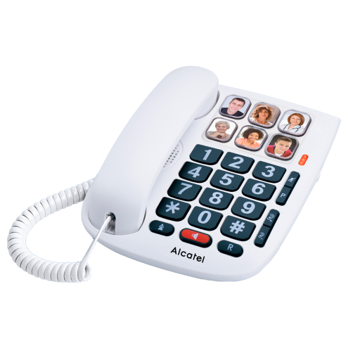 Telefone fixo branco da marca Alcatel com fotos nos botões