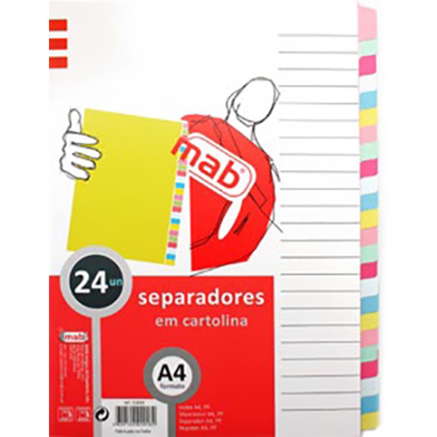 Separadores coloridos em cartolina A4 com 24 abas em embalagem branca e vermelha