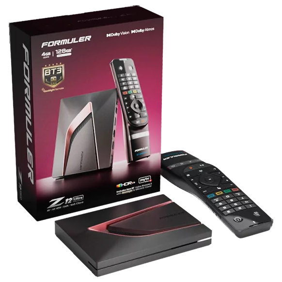 Receptor de TV digital Formuler Z12 Ultra preto, comando remoto preto com botões coloridos e caixa de embalagem