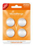 Pacote com quatro pilhas de botão MediaRange CR2032 em embalagem laranja