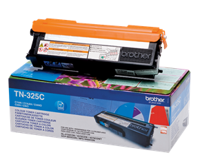 Cartucho de toner azul Brother TN-325C com tampa laranja sobre caixa azul