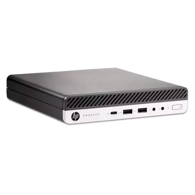 Computador compacto HP ProDesk preto e cinza com portas USB e botões frontais