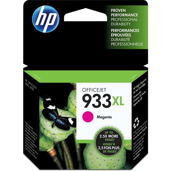 Embalagem preta e verde de tinta HP OfficeJet 933XL Magenta com selo de até 2,5 vezes mais páginas