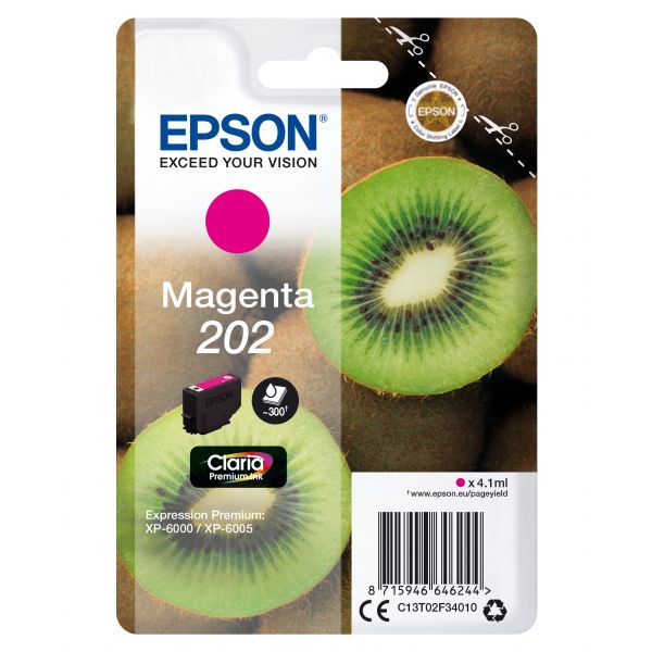 Cartucho tinta Epson Magenta 202 para impressora, embalagem com kiwis