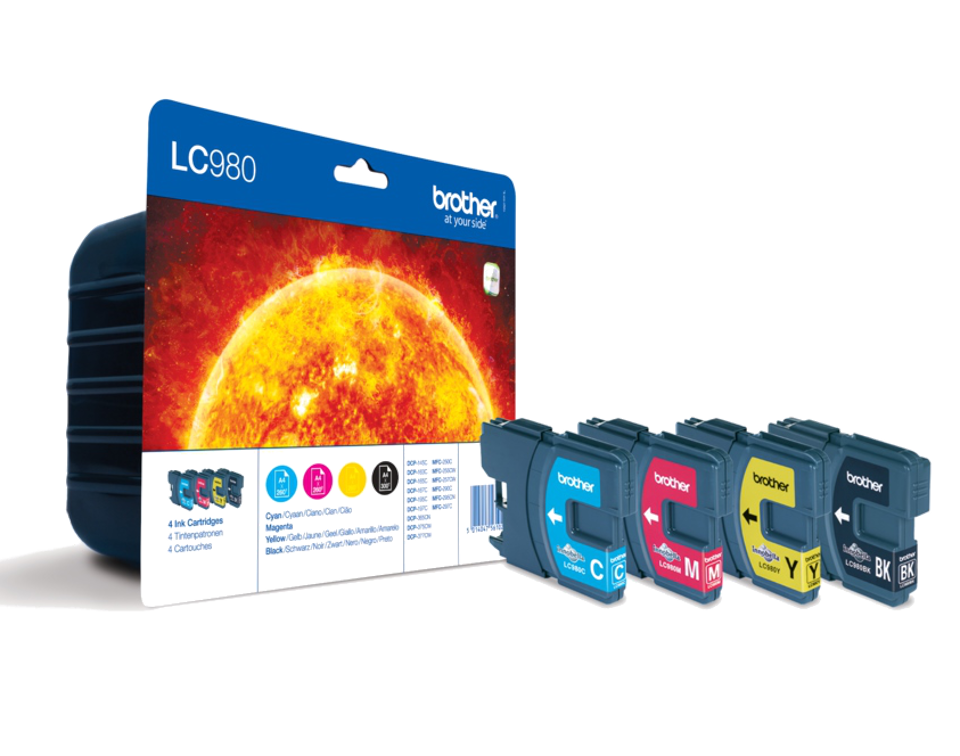 Conjunto de tinteiros Brother LC980 coloridos com embalagem azul e imagem do sol