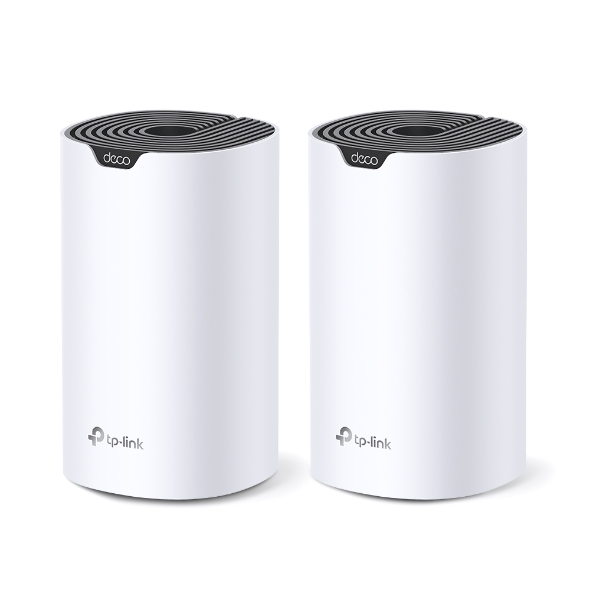 Dois dispositivos TP-Link Deco brancos com topo preto texturizado
